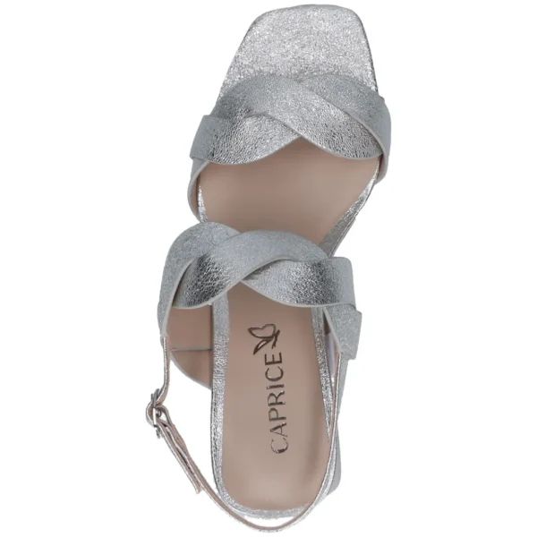 Silver Metallic Block Heel Sandal with Bow Detail