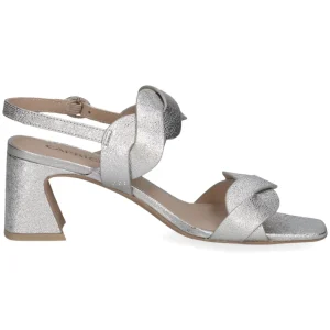 Silver Metallic Block Heel Sandal with Bow Detail