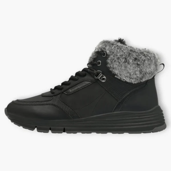 Tamaris Black Ankle Boots with Grey Fur Collar - Waterproof & Sporty Design