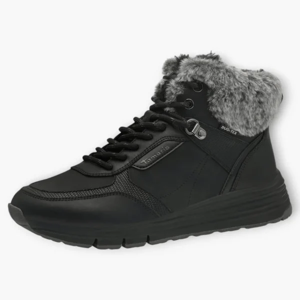 Tamaris Black Ankle Boots with Grey Fur Collar - Waterproof & Sporty Design