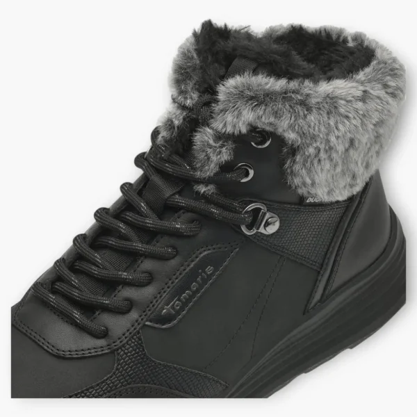 Tamaris Black Ankle Boots with Grey Fur Collar - Waterproof & Sporty Design