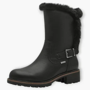 Tamaris Black Boots with Fur Trim & Buckle Detail - Block Heel, Side Zip, Comfort Fit