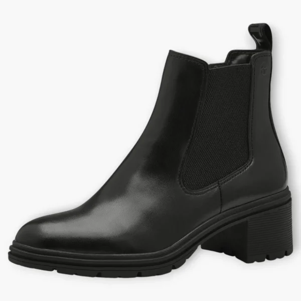 Tamaris Black Leather Ankle Boots with Block Heel and Soft Footbed