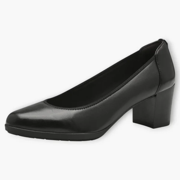 Tamaris Black Leather Court Shoe with Funnel Heel and Soft Footbed