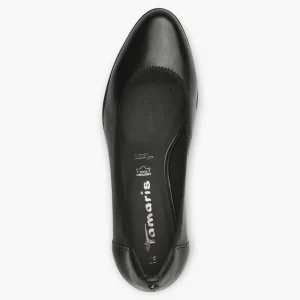 Tamaris Black Leather Court Shoe with Funnel Heel and Soft Footbed