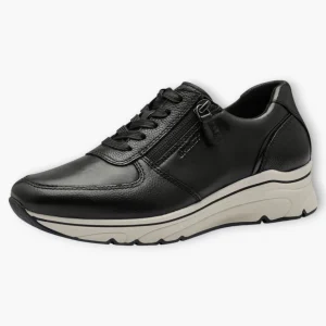 Tamaris Black Leather Trainer-Style Shoes with Wedge Sole and Side Zip