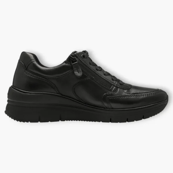 Tamaris Black Leather Trainer-Style Shoes with Wedge Sole and Side Zip