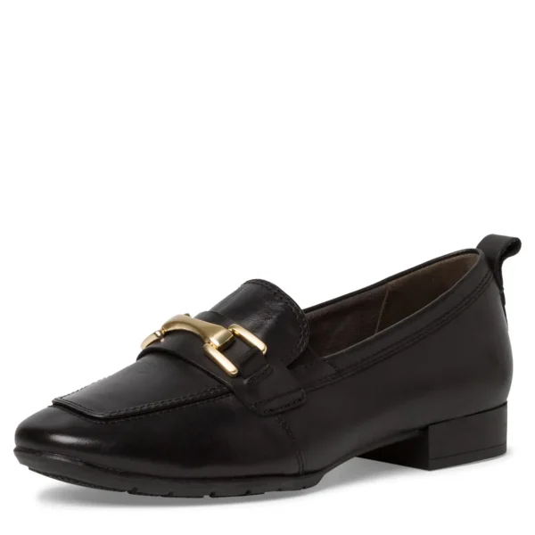 Tamaris Black Loafer with Gold Bar Detail