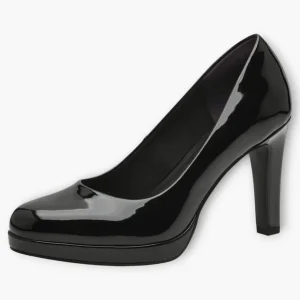 Tamaris Black Patent Court Shoe with Stiletto Heel and Platform