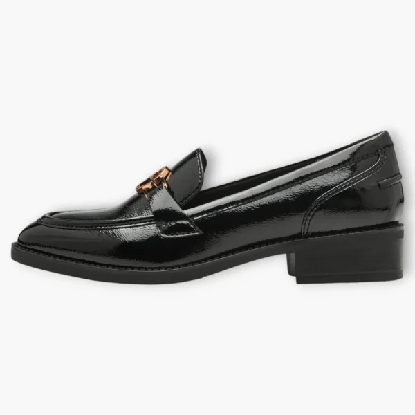 Tamaris Black Patent Loafers with Gold Chain Detail and Block Heel