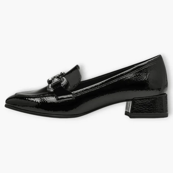 Tamaris Black Patent Loafers with Block Heel and Silver Chain Detail