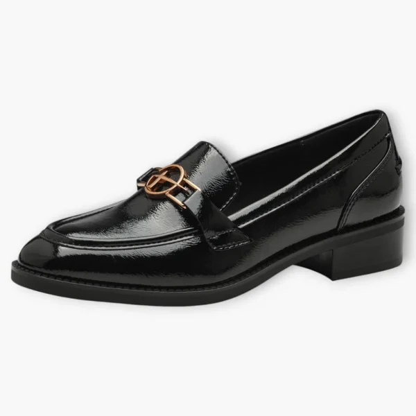 Tamaris Black Patent Loafers with Gold Chain Detail and Block Heel