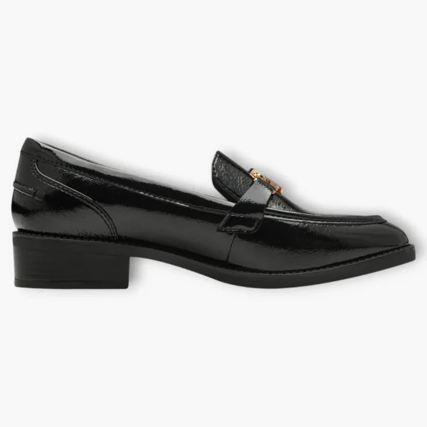 Tamaris Black Patent Loafers with Gold Chain Detail and Block Heel