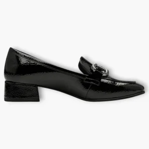 Tamaris Black Patent Loafers with Block Heel and Silver Chain Detail