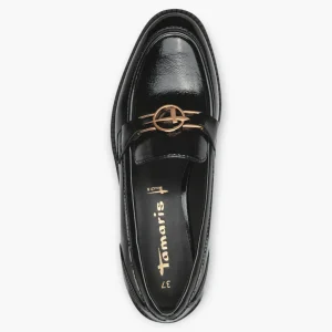 Tamaris Black Patent Loafers with Gold Chain Detail and Block Heel