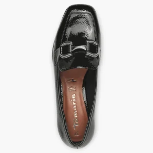 Tamaris Black Patent Loafers with Block Heel and Silver Chain Detail