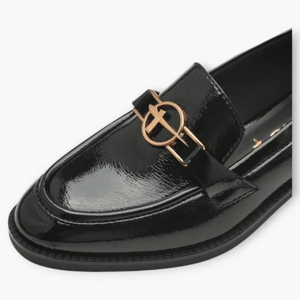 Tamaris Black Patent Loafers with Gold Chain Detail and Block Heel