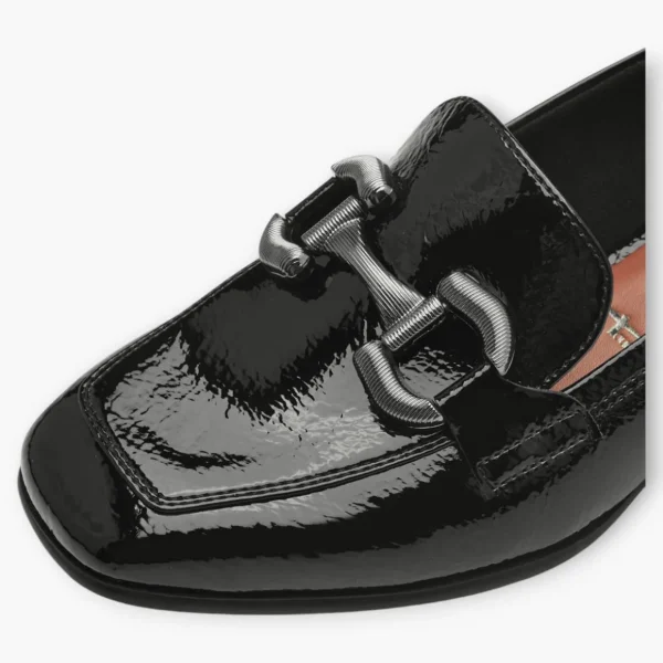 Tamaris Black Patent Loafers with Block Heel and Silver Chain Detail