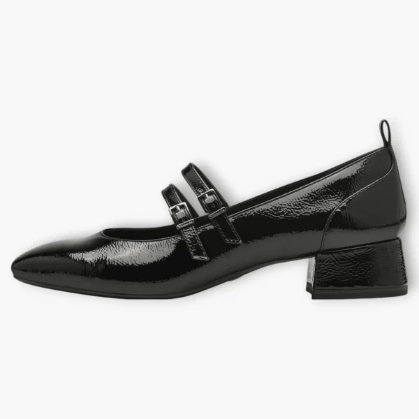 Tamaris Black Patent Mary Jane Heels with Square Toe and Adjustable Straps