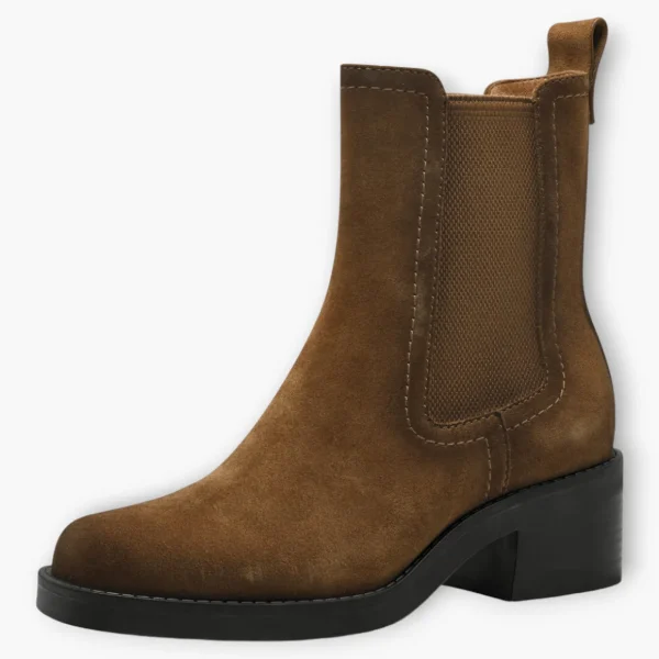 Tamaris Brown Nubuck Leather Ankle Boots with Block Heel and Elastic Panels