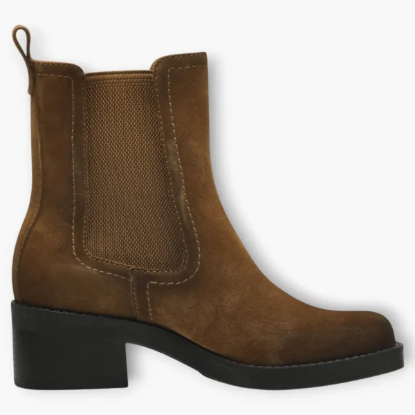 Tamaris Brown Nubuck Leather Ankle Boots with Block Heel and Elastic Panels