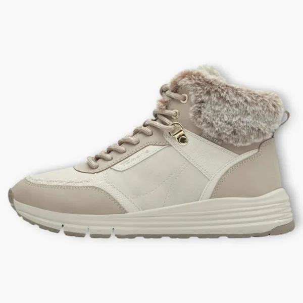 Tamaris Ivory Leather Ankle Boots with Faux Fur and Side Zip