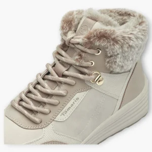 Tamaris Ivory Leather Ankle Boots with Faux Fur and Side Zip