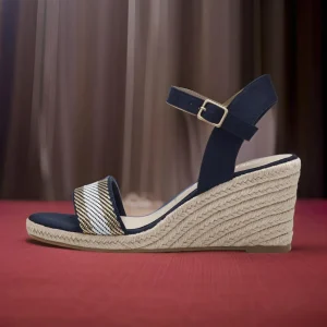 Tamaris Navy Vegan Wedge Sandals - Stripe Detail