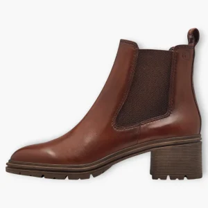 Tamaris Rich Brown Leather Ankle Boots with Soft Footbed and Block Heel