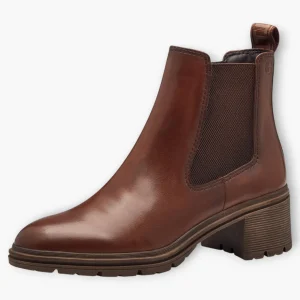 Tamaris Rich Brown Leather Ankle Boots with Soft Footbed and Block Heel