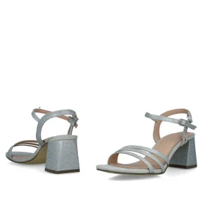 Timeless Silver Square Toe Block Heel Sandals