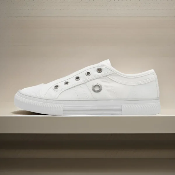 White Canvas Flat Runner Shoes with Elastic Strap and Soft Foam Insole