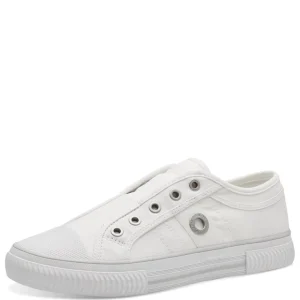 White Canvas Flat Runner Shoes with Elastic Strap and Soft Foam Insole