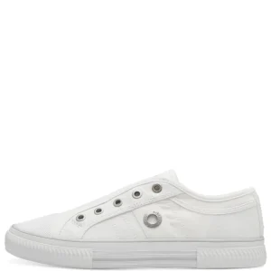 White Canvas Flat Runner Shoes with Elastic Strap and Soft Foam Insole