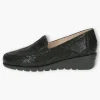 Wide Fitting Black Leather Slip-On Shoes with Wedge Sole - Caprice