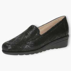 Wide Fitting Black Leather Slip-On Shoes with Wedge Sole - Caprice