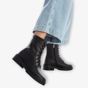 XTI Black Lace-Up Boots with Chunky Sole and Side Zip